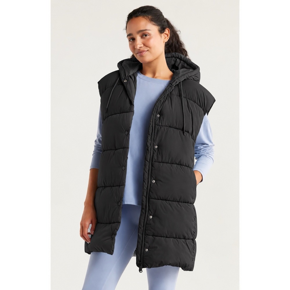NWT Zella Longline Hooded Puffer Vest Women's XS Black Quilted Winter